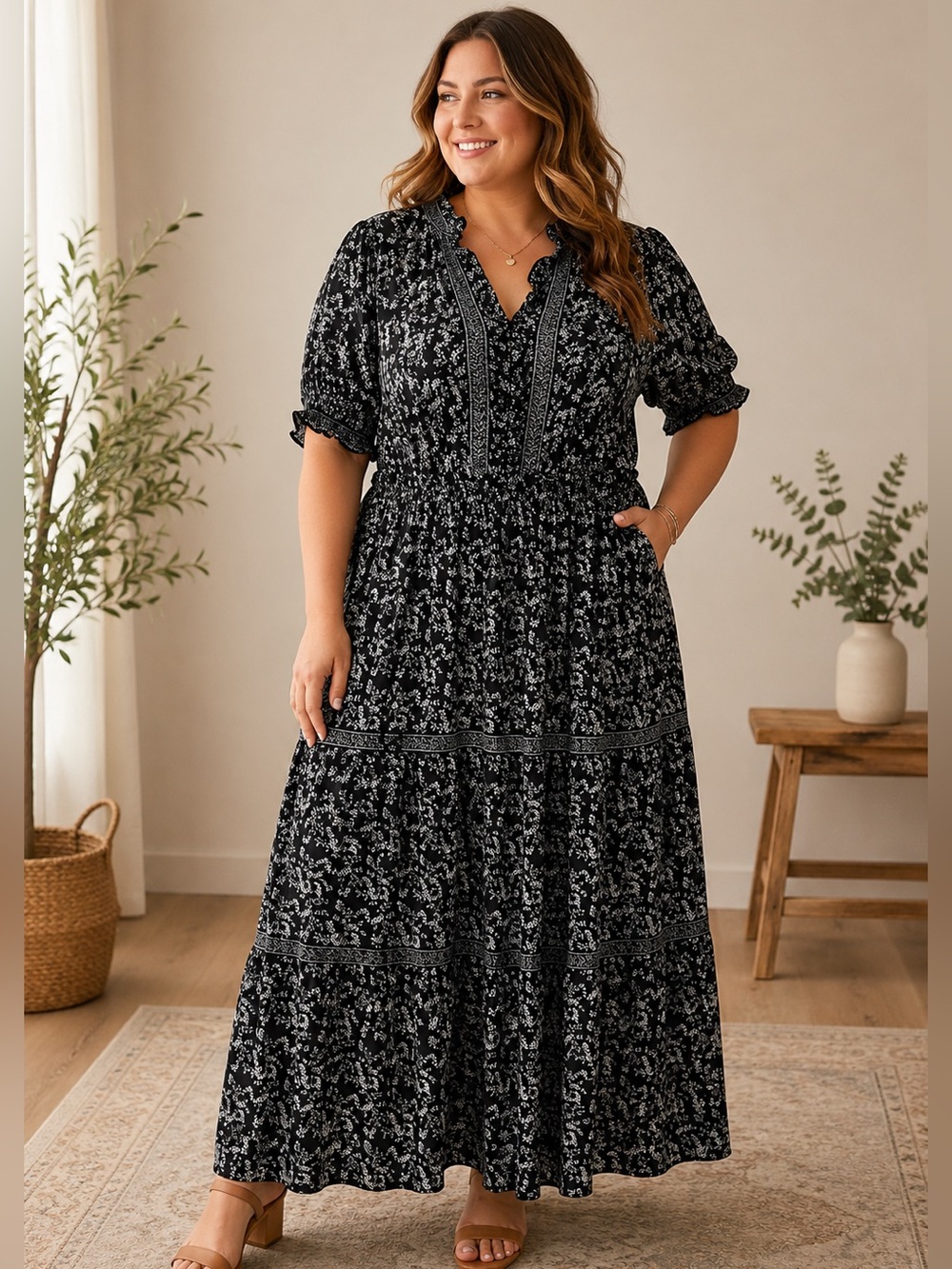 Max Studio 2X Black Floral Tiered Maxi Dress Ruffle Boho Cottagecore